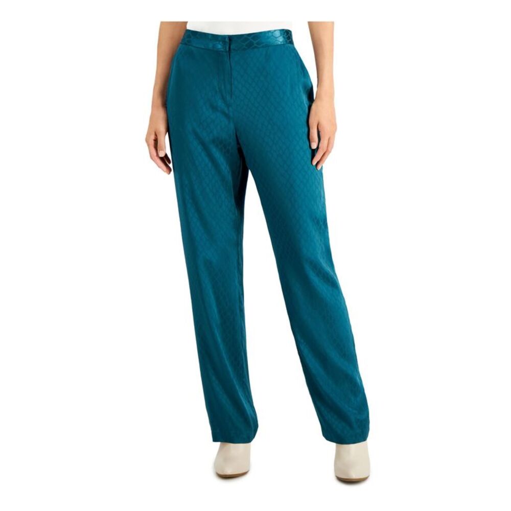 ALFANI Womens Teal Pocketed Animal Print Party Straight leg Pants Petites 6P